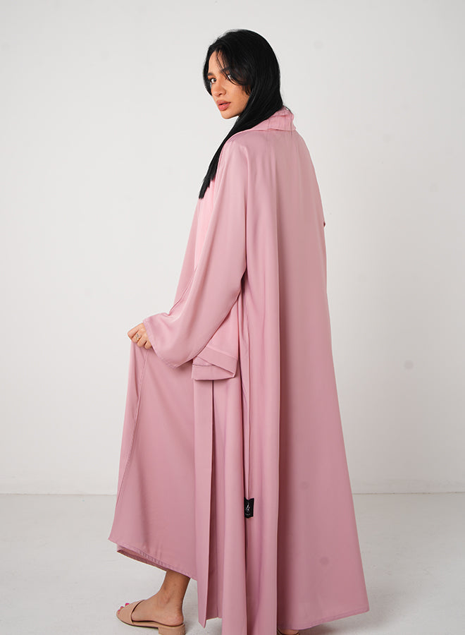 Jameela Baby Pink Classic Open Abaya – 3-Piece Set with Inner, Belt & Hijab for Modest Fashion