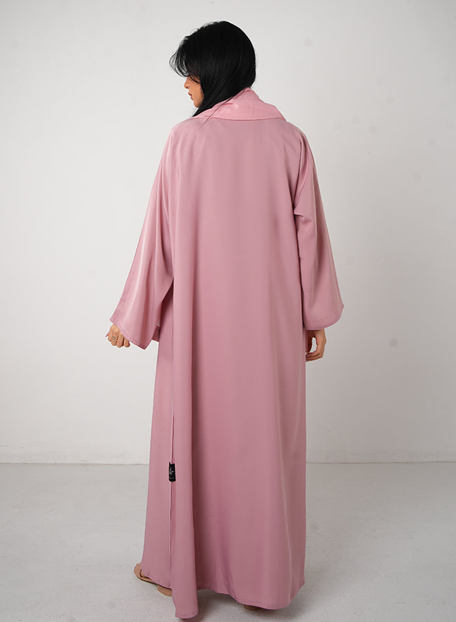 Jameela Baby Pink Classic Open Abaya – 3-Piece Set with Inner, Belt & Hijab for Modest Fashion