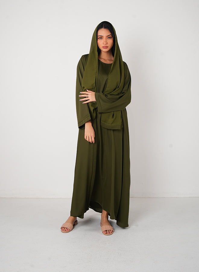 Jameela Olive Green Full Lace Open Abaya 3pcs Set with Inner Dress, Belt & Matching Hijab – Elegant Modest Fashion