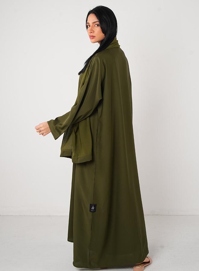 Jameela Olive Green Full Lace Open Abaya 3pcs Set (Inner, Belt & Hijab Jameela Olive Green Full Lace Open Abaya 3pcs Set (Inner, Belt & Hijab