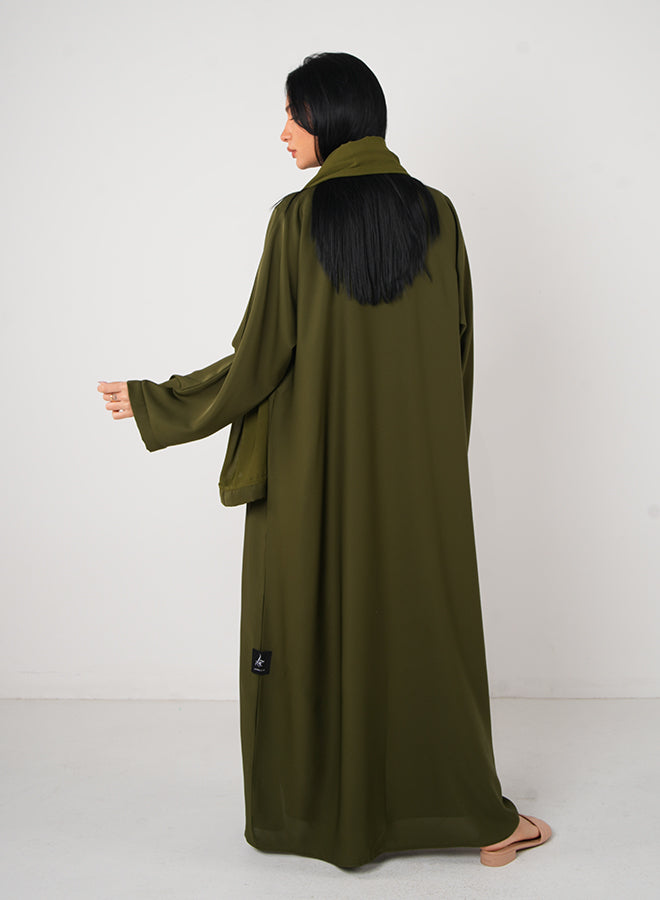 Jameela Olive Green Full Lace Open Abaya 3pcs Set (Inner, Belt & Hijab Jameela Olive Green Full Lace Open Abaya 3pcs Set (Inner, Belt & Hijab