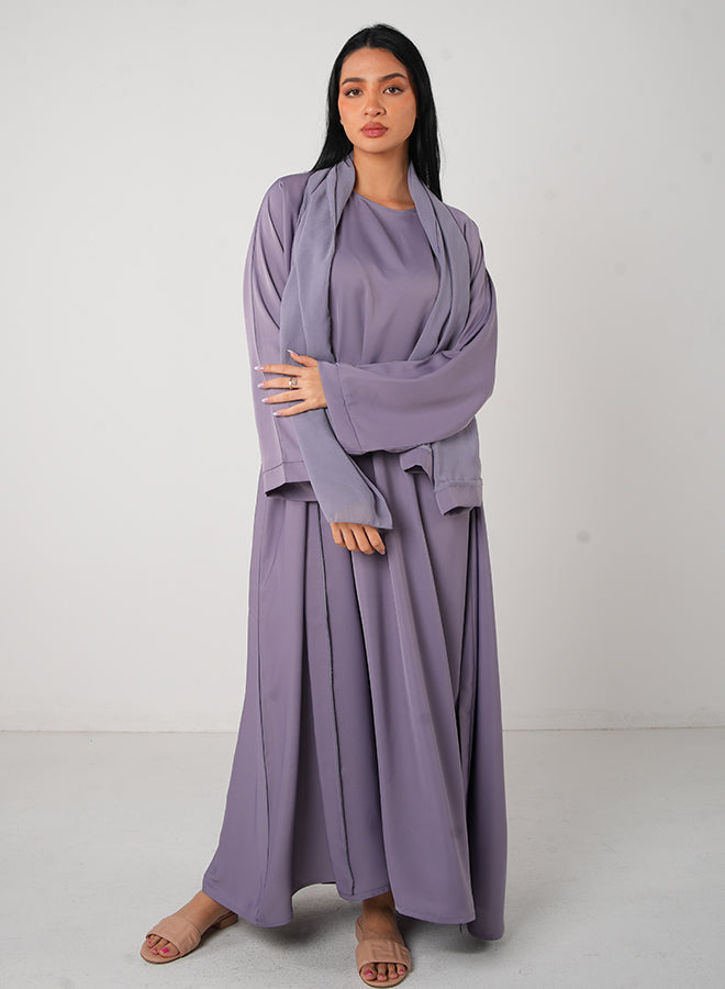 Jameela Lavender Classic Open Abaya with Inner Dress, Belt & Hijab – Elegant Modest Fashion for Women