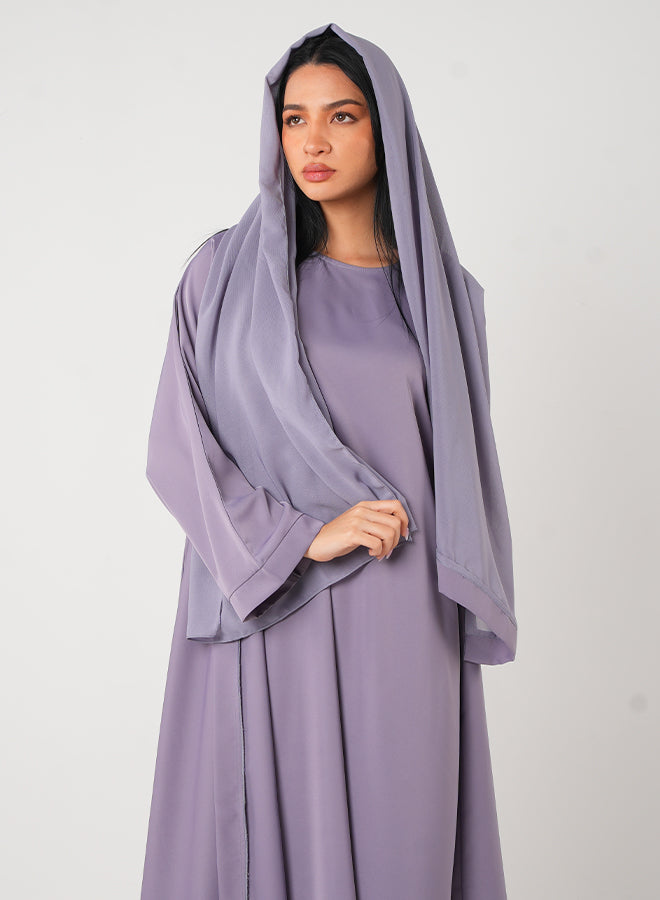 Jameela Lavender Classic Open Abaya with Inner Dress, Belt & Hijab – Elegant Modest Fashion for Women