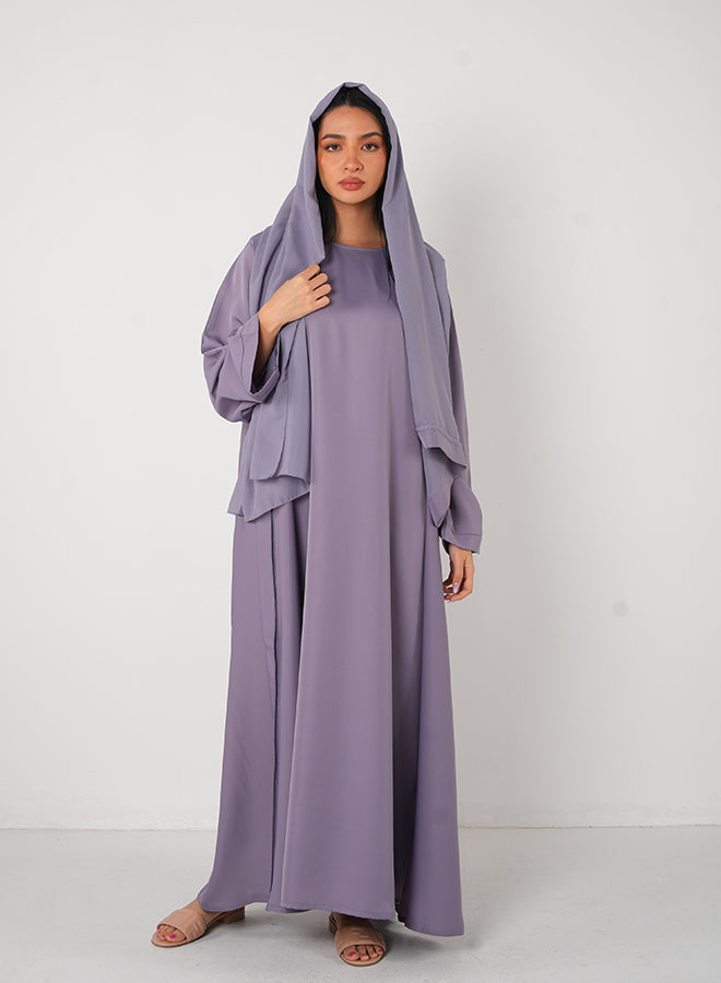 Jameela Lavender Classic Open Abaya with Inner Dress, Belt & Hijab – Elegant Modest Fashion for Women