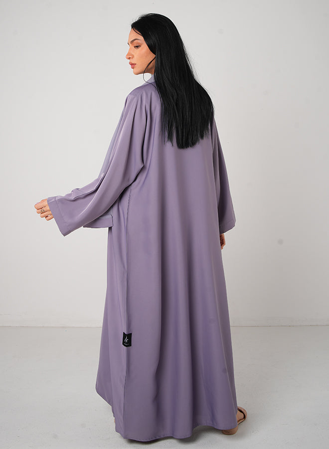 Jameela Lavender Classic Open Abaya with Inner Dress, Belt & Hijab – Elegant Modest Fashion for Women