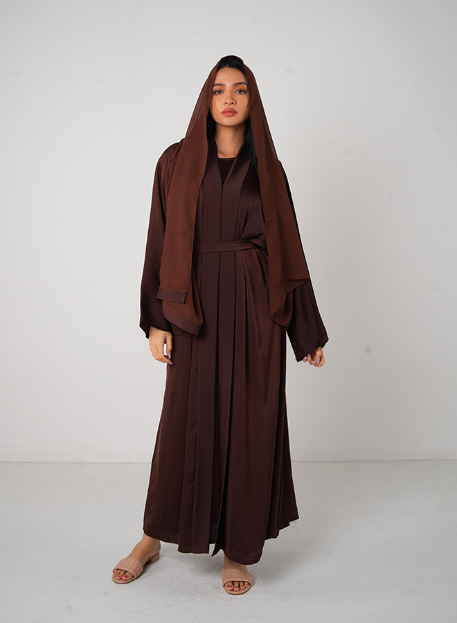 Brown Classic Open Abaya Set with Inner, Belt & Hijab – Elegant Modest Wear.