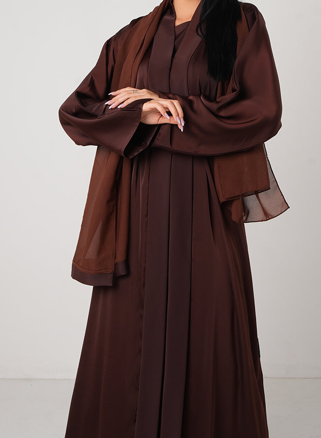 Brown Classic Open Abaya Set with Inner, Belt & Hijab – Elegant Modest Wear