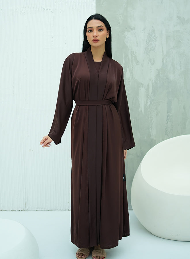 Brown Classic Open Abaya Set with Inner, Belt & Hijab – Elegant Modest Wear