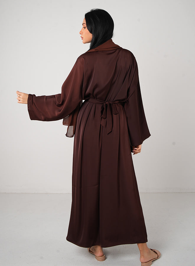 Brown Classic Open Abaya Set with Inner, Belt & Hijab – Elegant Modest Wear