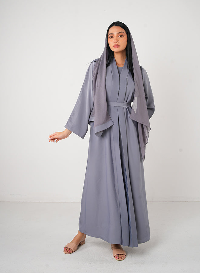 Jameela Light Grey Classic Open Abaya 3pcs Set with Inner Dress, Belt & Matching Hijab – Elegant Modest Fashion