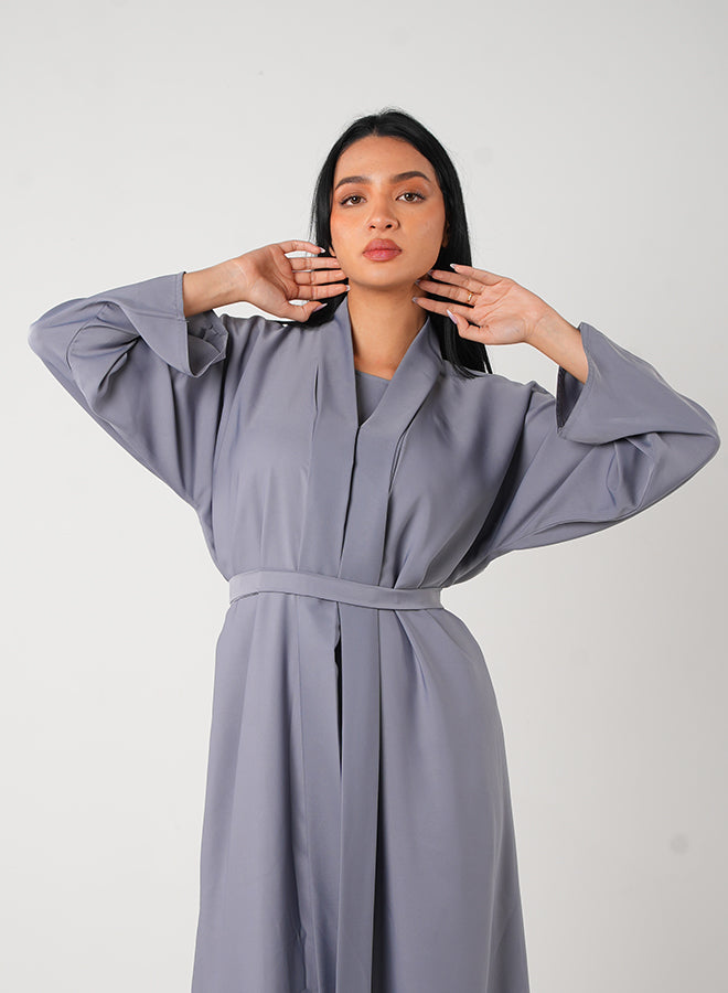 Jameela Light Grey Classic Open Abaya 3pcs Set with Inner Dress, Belt & Matching Hijab – Elegant Modest Fashion