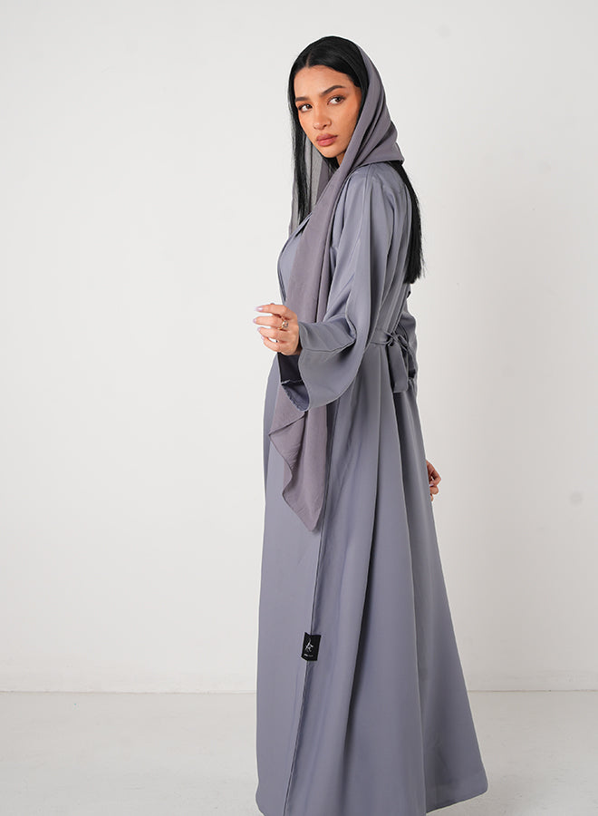 Jameela Light Grey Classic Open Abaya 3pcs Set with Inner Dress, Belt & Matching Hijab – Elegant Modest Fashion