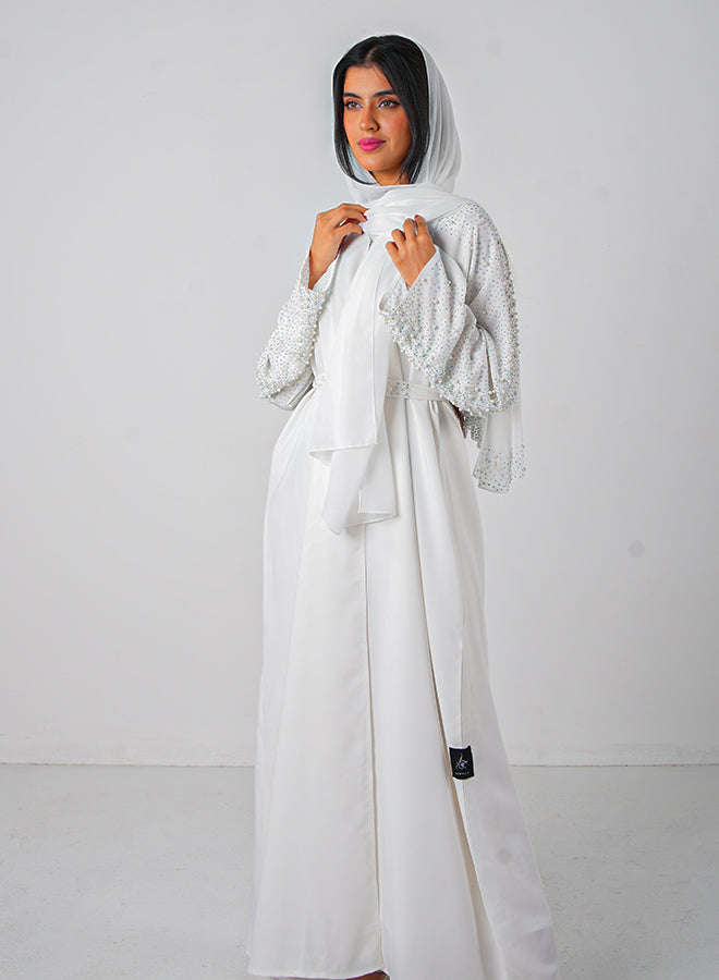 White Pearl Embellishment Open Abaya (3pcs Set Inner, Belt & Hijab)