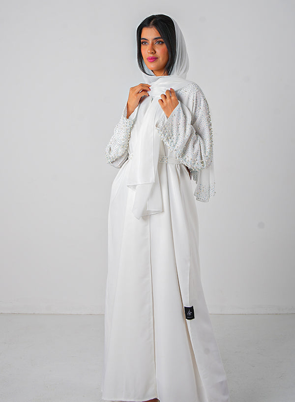 White Pearl Embellishment Open Abaya (3pcs Set Inner, Belt & Hijab)