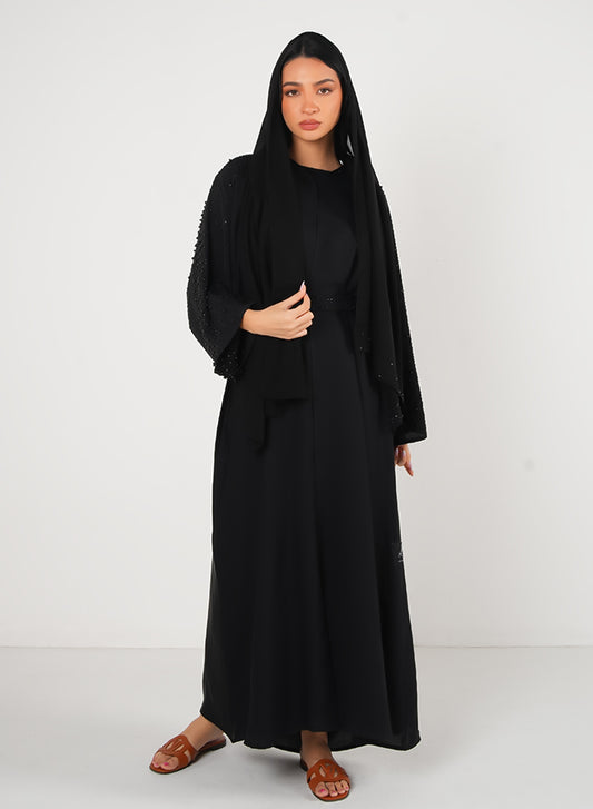 Black Pearl Embellishment Open Abaya 3pcs Set with Inner, Belt & Hijab – Elegant Modesty Fashion