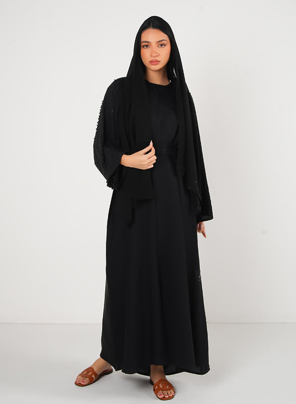 Black Pearl Embellishment Open Abaya 3pcs Set with Inner, Belt & Hijab – Elegant Modesty Fashion
