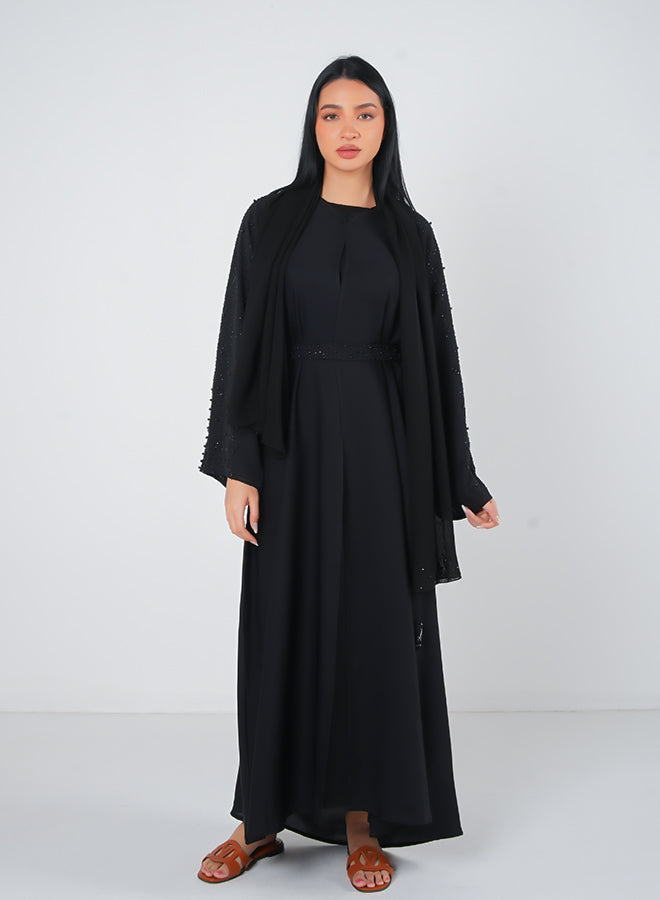 Black Pearl Embellishment Open Abaya 3pcs Set with Inner, Belt & Hijab – Elegant Modesty Fashion