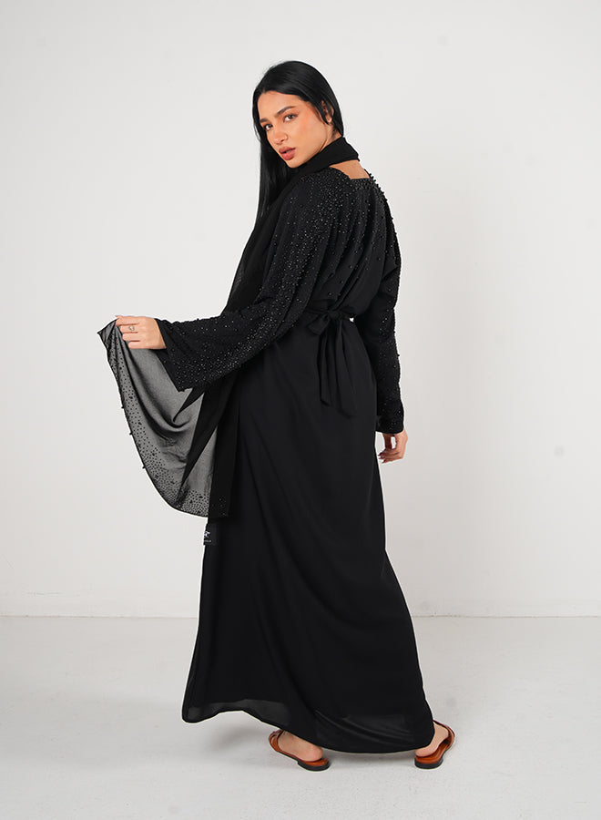 Black Pearl Embellishment Open Abaya 3pcs Set with Inner, Belt & Hijab – Elegant Modesty Fashion
