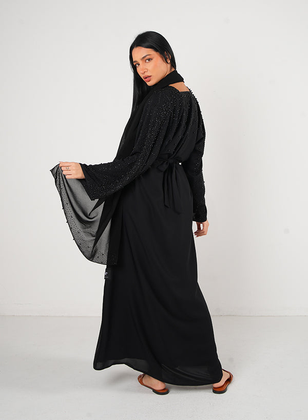 Black Pearl Embellishment Open Abaya 3pcs Set with Inner, Belt & Hijab – Elegant Modesty Fashion