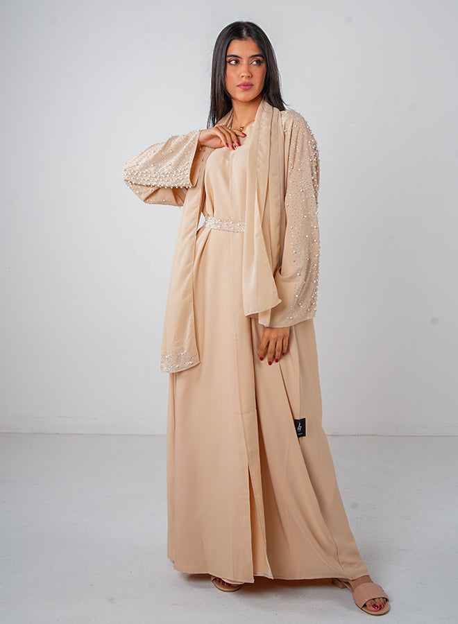 Cream Pearl Embellishment Open Abaya (3pcs Set) with Inner, Belt & Hijab – Elegant Modest Wear