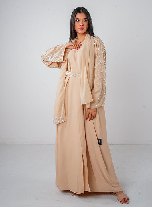 Cream Pearl Embellishment Open Abaya (3pcs Set) with Inner, Belt & Hijab – Elegant Modest Wear