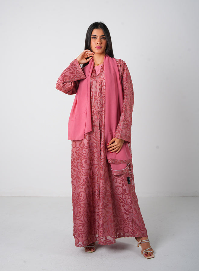 Dark Pink Full Lace Open Abaya with Inner, Belt & Hijab – Elegant Modest Fashion for Women