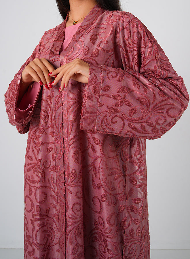 Dark Pink Full Lace Open Abaya with Inner, Belt & Hijab – Elegant Modest Fashion for Women