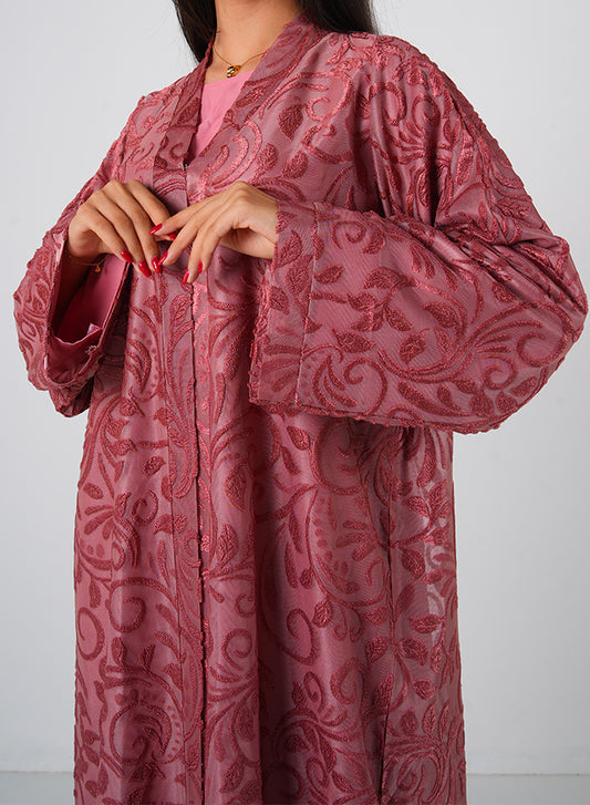 Dark Pink Full Lace Open Abaya with Inner, Belt & Hijab – Elegant Modest Fashion for Women