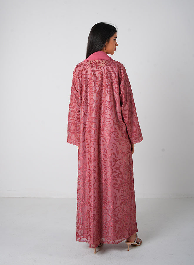 Dark Pink Full Lace Open Abaya with Inner, Belt & Hijab – Elegant Modest Fashion for Women