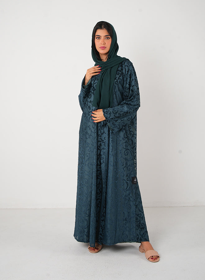 Olive Green Full Lace Open Abaya (3pcs Set Inner, Belt & Hijab)