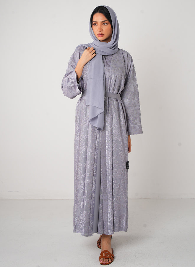 Grey Lace Full Open Abaya (3pcs Set Inner, Belt & Hijab)