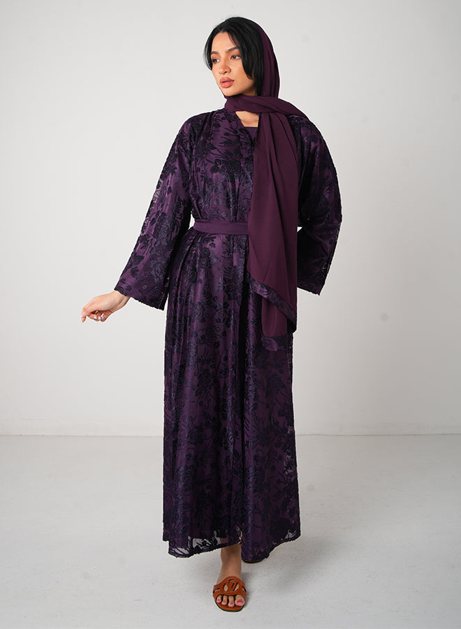 Dark Purple Full Lace Open Abaya with Inner, Belt & Hijab – Elegant Modest Fashion for Women