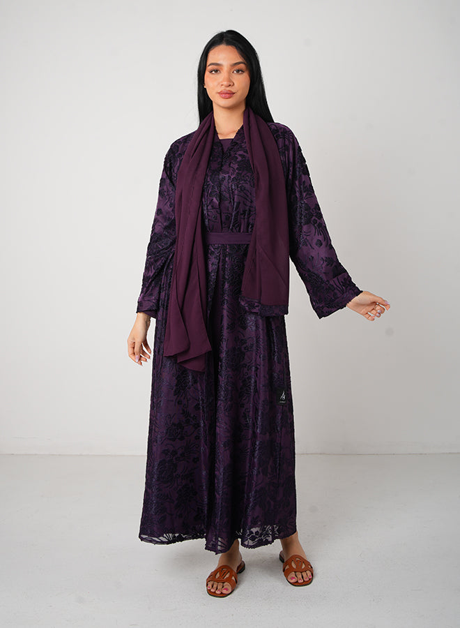 Dark Purple Full Lace Open Abaya with Inner, Belt & Hijab – Elegant Modest Fashion for Women