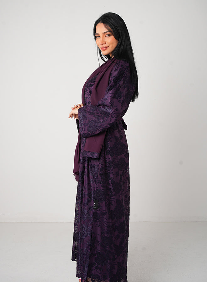 Dark Purple Full Lace Open Abaya with Inner, Belt & Hijab – Elegant Modest Fashion for Women