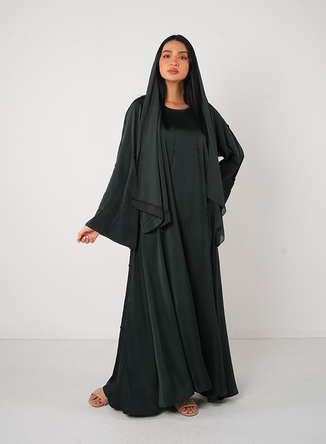 Dark Green Soft Satin Open Abaya with Embellishments – 3pcs Set (Inner, Belt & Hijab) – Elegant Modest Fashion