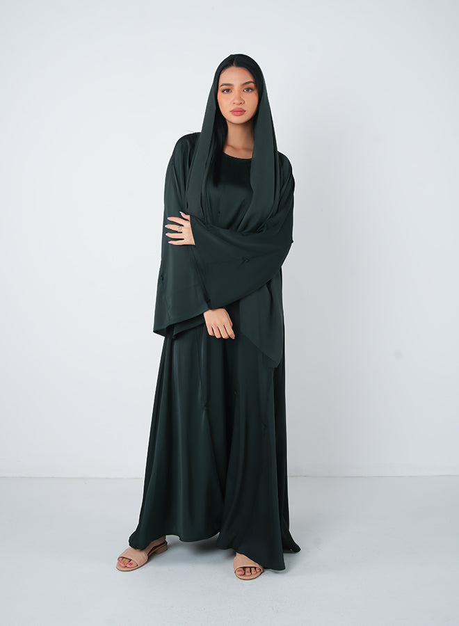 Dark Green Soft Satin Open Abaya with Embellishments – 3pcs Set (Inner, Belt & Hijab) – Elegant Modest Fashion