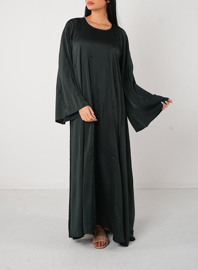 Dark Green Soft Satin Open Abaya with Embellishments – 3pcs Set (Inner, Belt & Hijab) – Elegant Modest Fashion