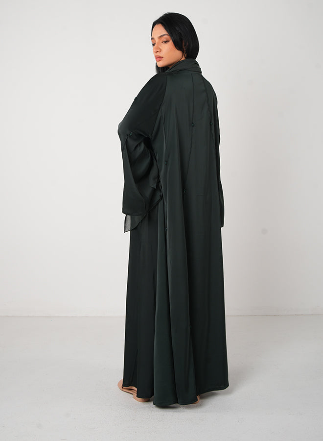 Dark Green Soft Satin Open Abaya with Embellishments – 3pcs Set (Inner, Belt & Hijab) – Elegant Modest Fashion