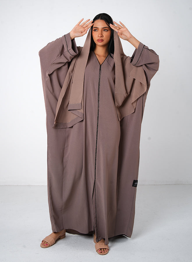 Brown Crepe Open & Close Abaya 3pcs Set with Inner, Belt & Hijab – Elegant Modesty Wear