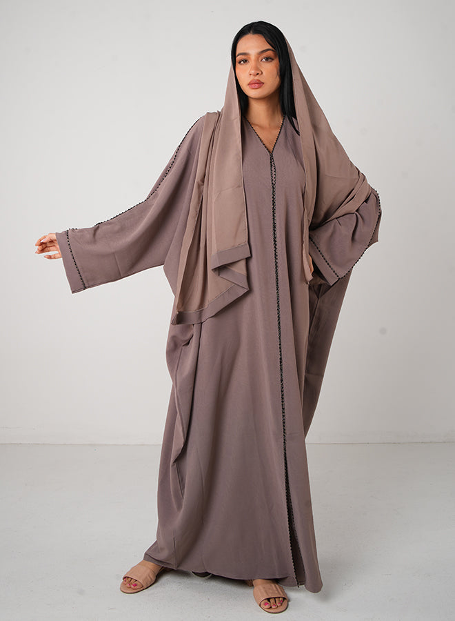 Brown Crepe Open & Close Abaya 3pcs Set with Inner, Belt & Hijab – Elegant Modesty Wear