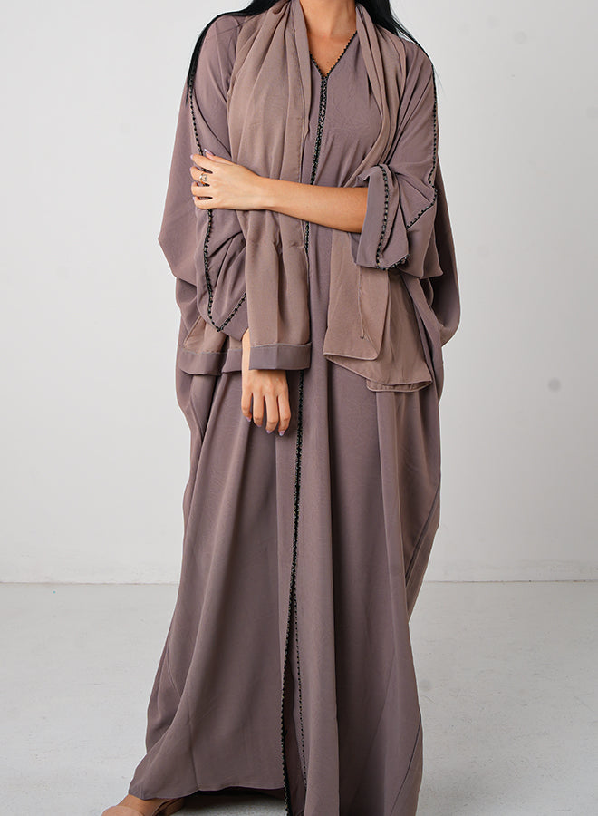 Brown Crepe Open & Close Abaya 3pcs Set with Inner, Belt & Hijab – Elegant Modesty Wear