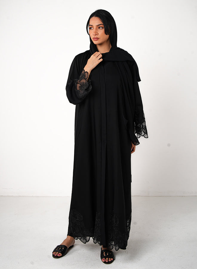 Jameela Jet Black Open Abaya with Floral Lace Sleeves – Elegant Modest Wear for Women