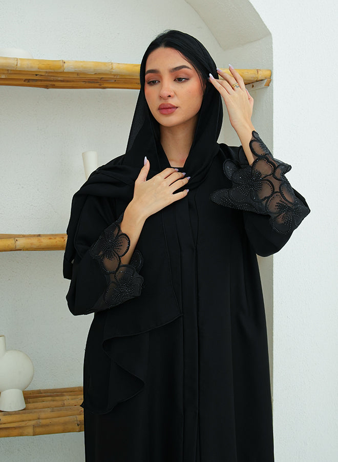 Jameela Jet Black Open Abaya with Floral Lace Sleeves – Elegant Modest Wear for Women