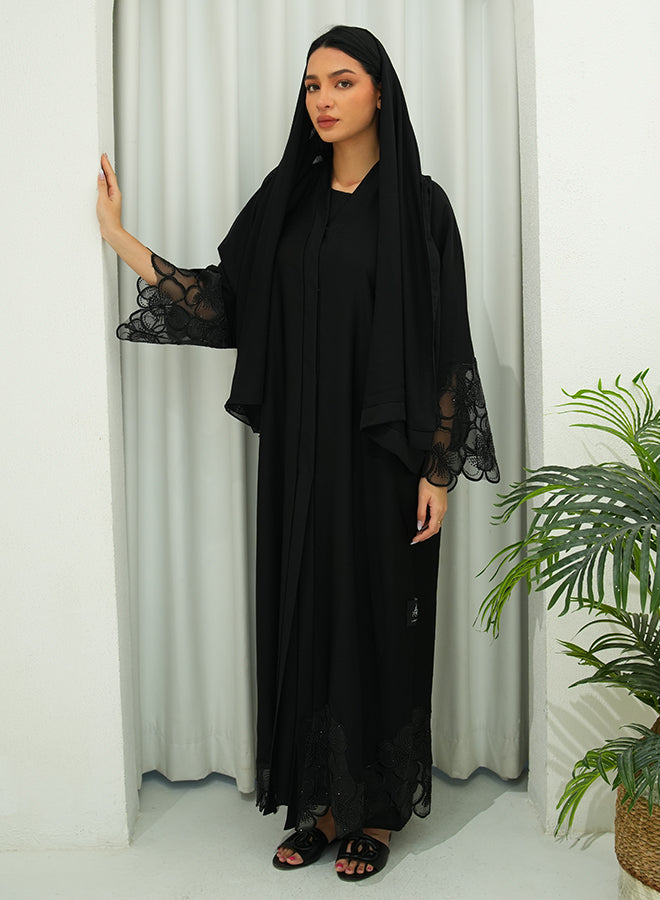 Jameela Jet Black Open Abaya with Floral Lace Sleeves – Elegant Modest Wear for Women