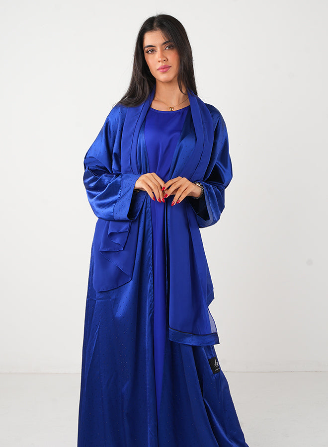 Dark Blue Satin Open Abaya with Stone Embellishments – Elegant Modest Wear (3pcs Set: Inner, Belt & Hijab)