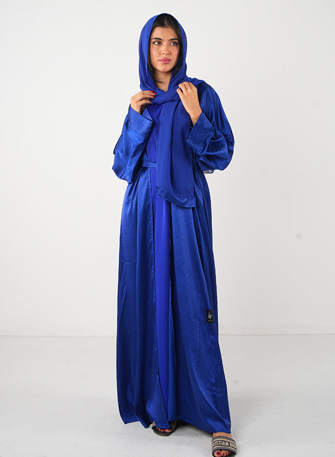 Dark Blue Satin Open Abaya with Stone Embellishments – Elegant Modest Wear (3pcs Set: Inner, Belt & Hijab)