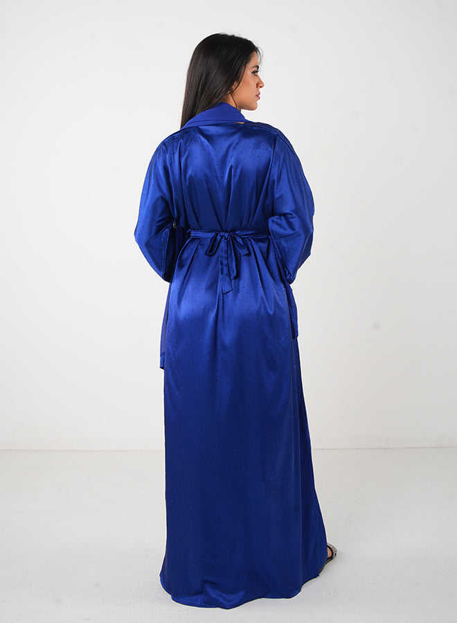 Dark Blue Satin Open Abaya with Stone Embellishments – Elegant Modest Wear (3pcs Set: Inner, Belt & Hijab)