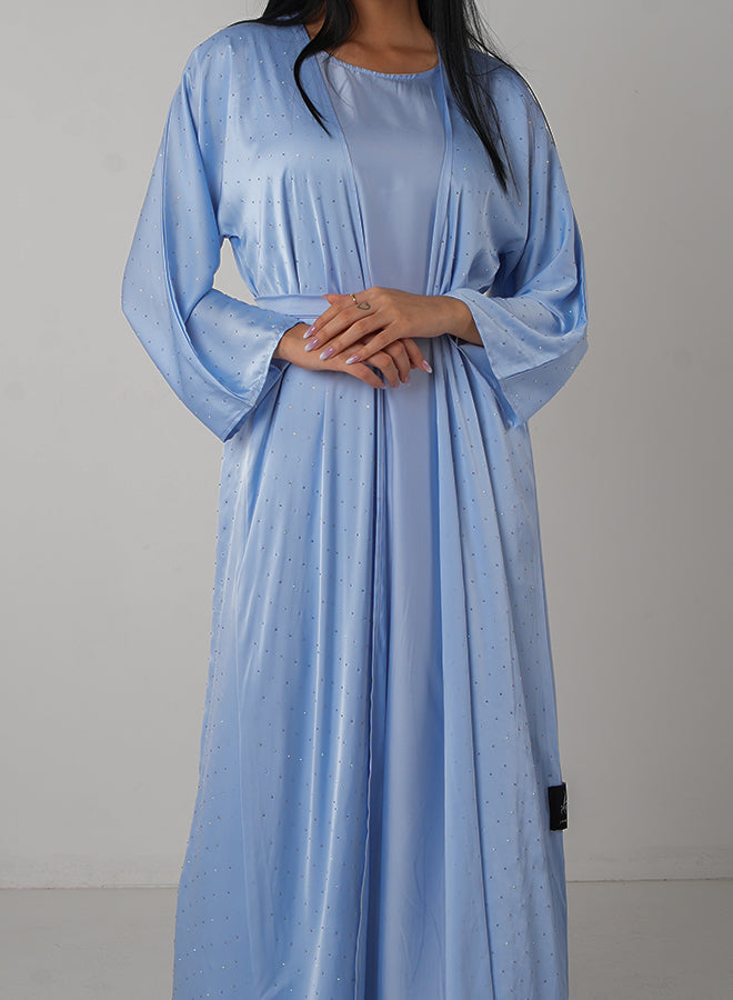 Jameela Light Blue Satin Open Abaya with Stone Embellishments & Matching Hijab – Elegant Modest Wear for Women