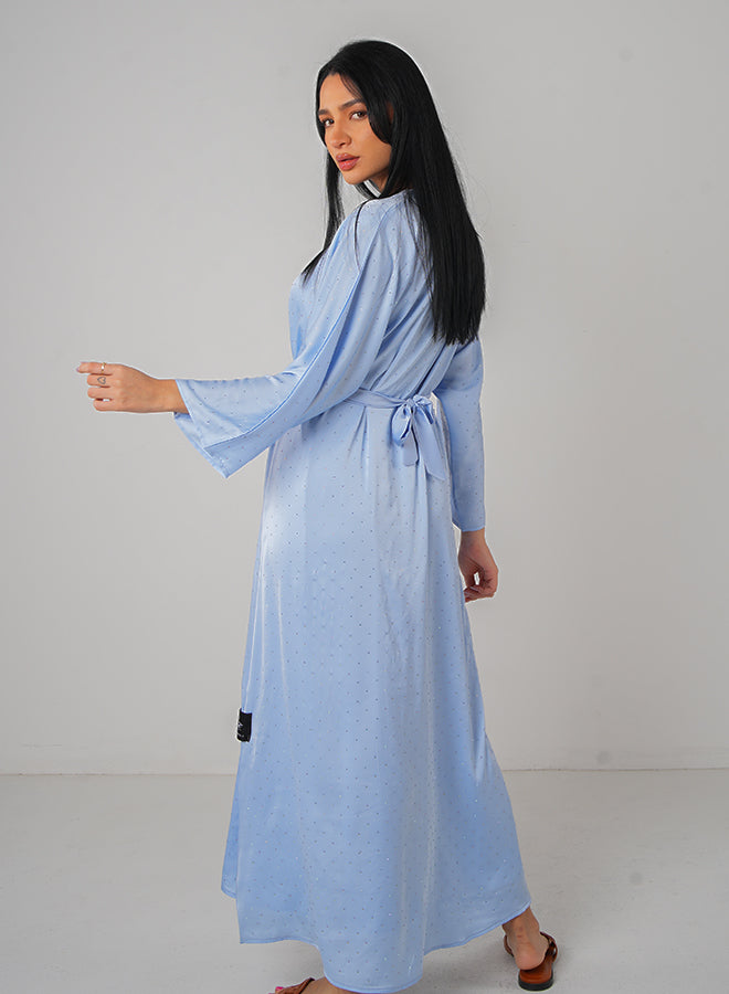 Jameela Light Blue Satin Open Abaya with Stone Embellishments & Matching Hijab – Elegant Modest Wear for Women