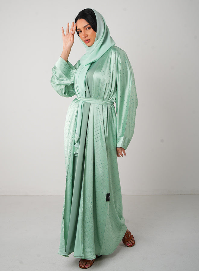 Jameela Mint Green Satin Open Abaya with Stone Embellishments & Matching Hijab – Elegant Modest Wear for Women